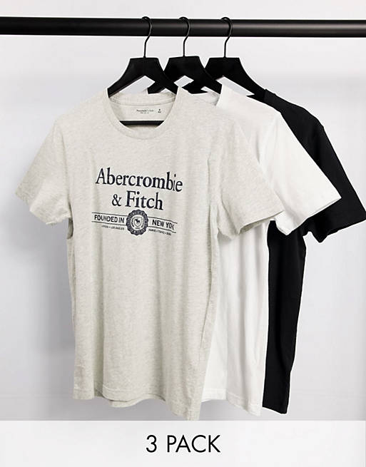 Pack de 3 camisetas en blanco, gris jaspeado y negro con logo grande en la parte delantera de Abercrombie & Fitch