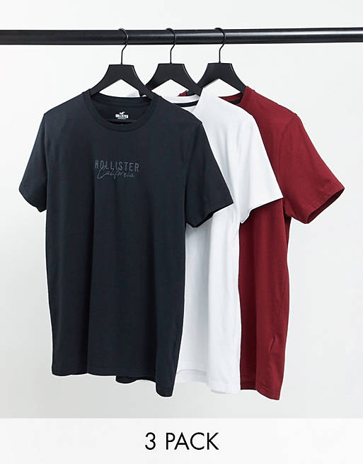 Pack de 3 camisetas en blanco, rojo y negro con logo central de Hollister