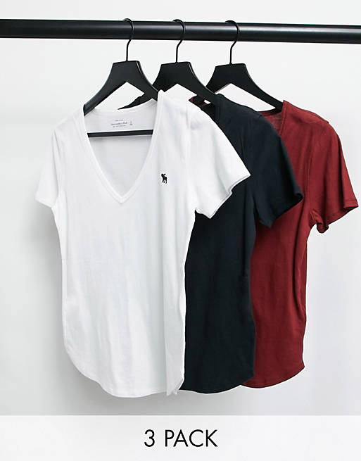 Pack de 3 camisetas multicolores de manga corta con cuello de pico y logo de Abercrombie & Fitch