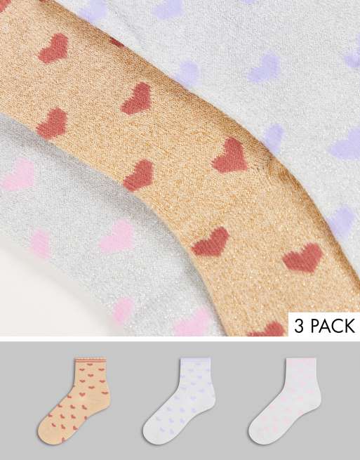 Pack de 3 pares de calcetines con estampado de corazones de canalé de Pieces