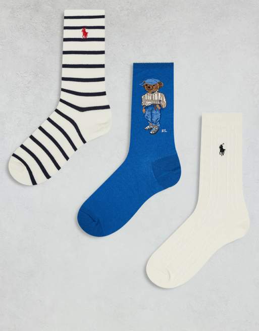 Pack de 3 pares de calcetines de color azul y crema con estampado de rayas y oso y diseño de punto de ochos de Polo Ralph Lauren