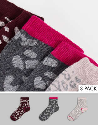 Pack de 3 pares de calcetines de color gris, rosa y burdeos con estampado de leopardo de Dune