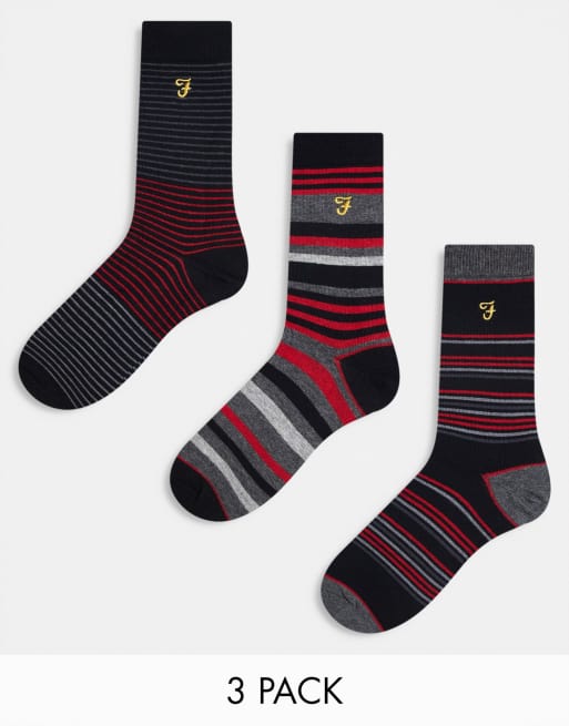 Pack de 3 pares de calcetines de vestir negros y gris carbón a rayas de Farah