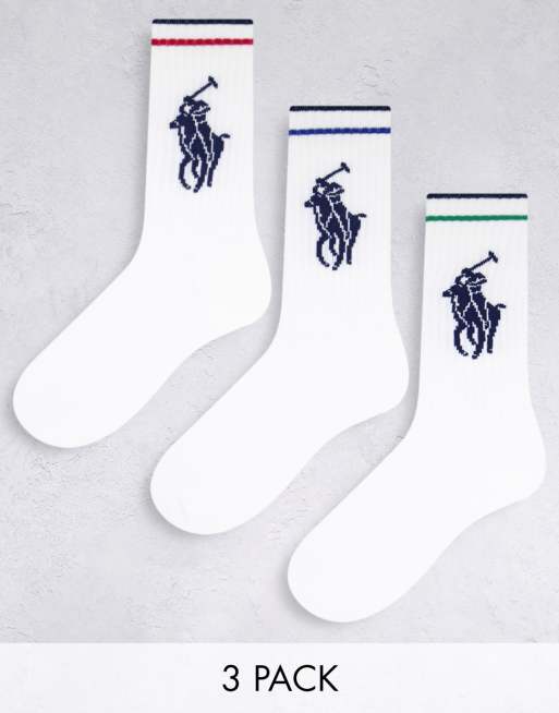 Pack de 3 pares de calcetines deportivos blancos con detalle de raya y logo de caballo grande de Polo Ralph Lauren