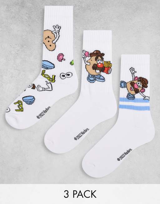 Pack de 3 pares de calcetines deportivos blancos con estampados de Mr. Potato de ASOS DESIGN