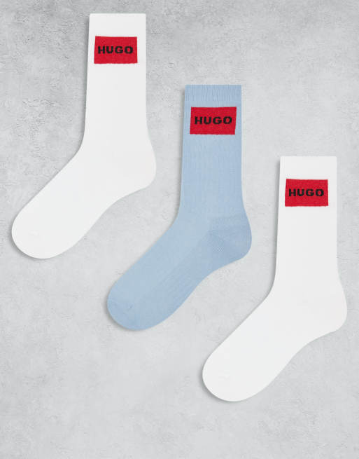 Pack de 3 pares de calcetines deportivos de color blanco y azul claro con recuadro trasero del logo de canalé de HUGO Red