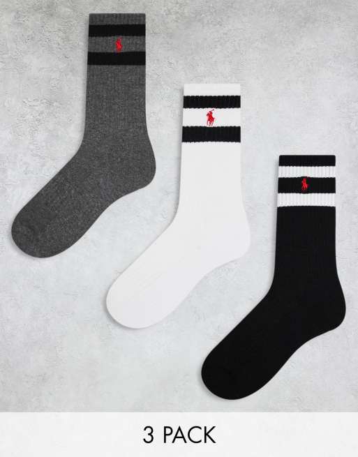Pack de 3 pares de calcetines deportivos de color negro, gris y blanco con detalle de rayas de Polo Ralph Lauren