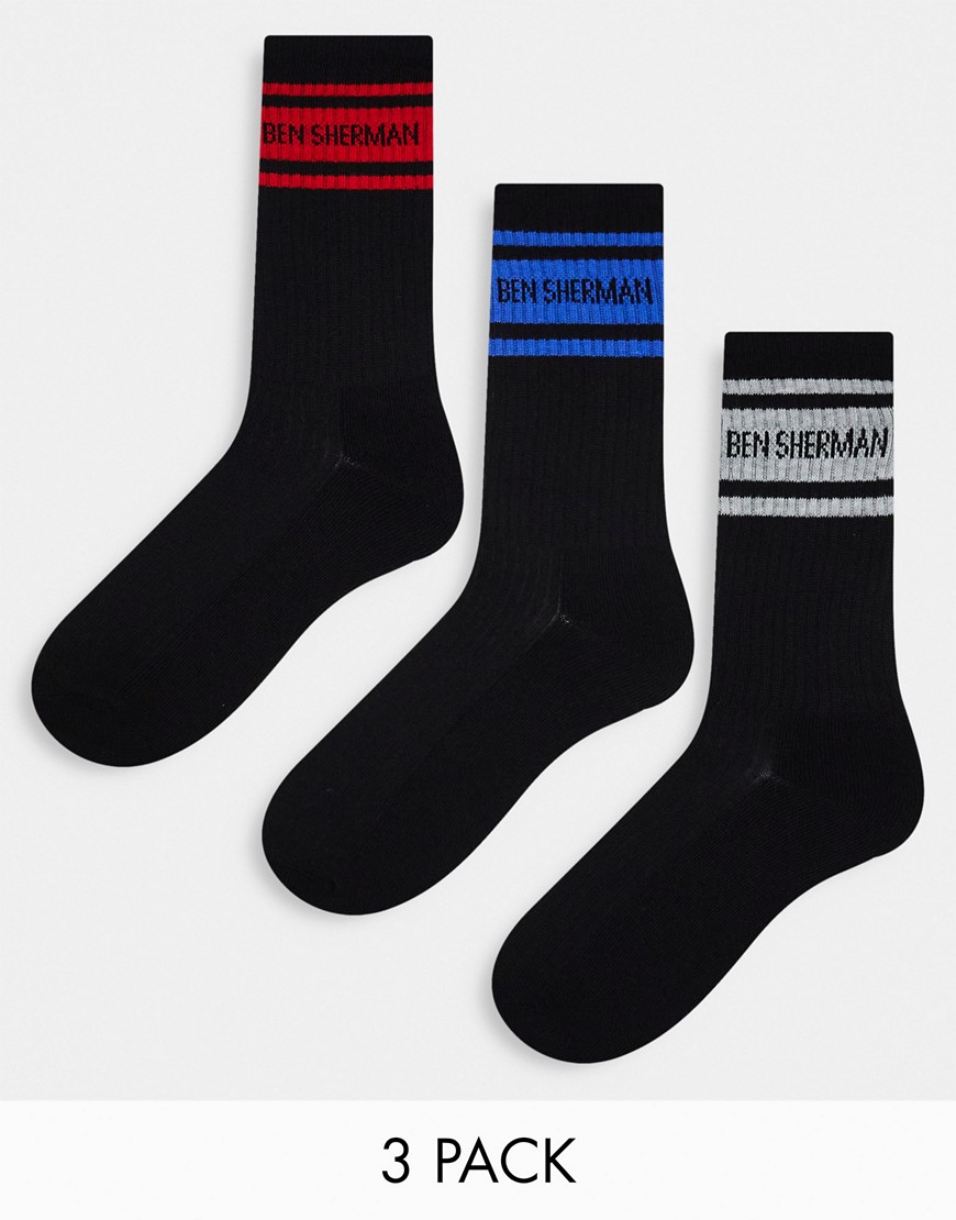 pack de 3 pares de calcetines deportivos de color negro, rojo y azul comet de ben sherman
