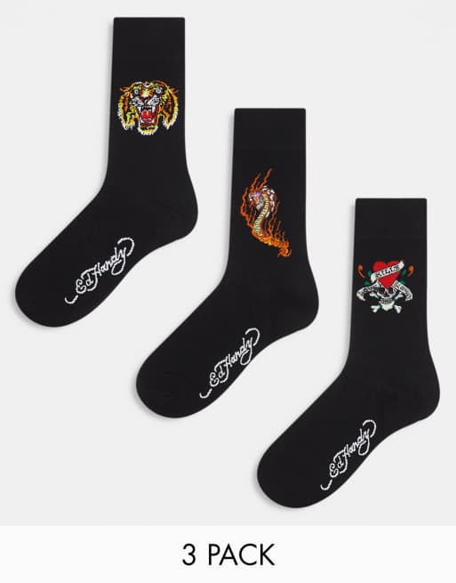 Pack de 3 pares de calcetines deportivos negros con estampado gráfico estilo tatuaje Tinta de Ed Hardy