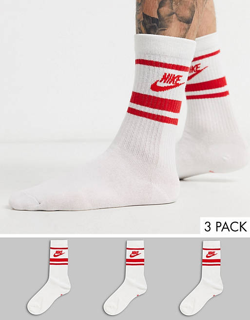 Pack de 3 pares de calcetines en blanco con logo rojo y raya Essential de Nike