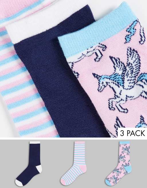 Pack de 3 pares de calcetines rosas variados con estampado de unicornios de Chelsea Peers
