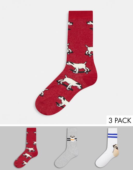 Pack de 3 pares de calcetines tobilleros con diseño de carlinos felices de ASOS DESIGN