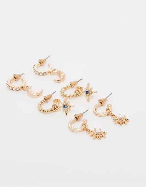 Pack de 3 pares de pendientes de aro pequeños dorados con diseños cósmicos con perlas de Accessorize - view 1