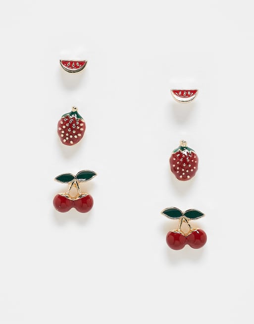 Pack de 3 pares de pendientes de botón multicolores con diseños esmaltados de frutas de ASOS DESIGN