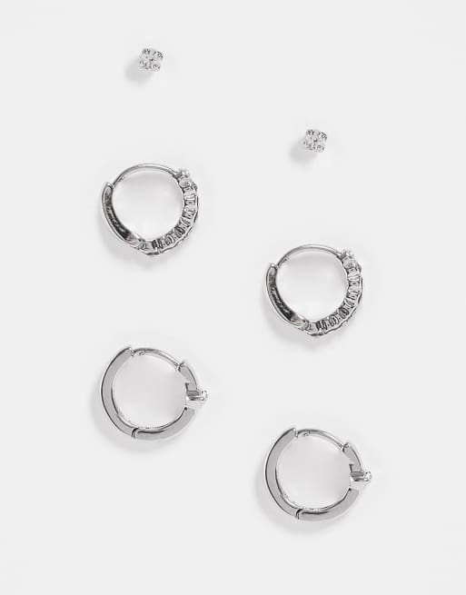 Pack de 3 pares de pendientes plateados con diseño de piedras y cristales de Topshop 