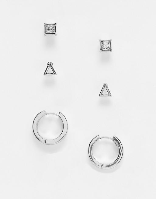 Pack de 3 pares de pendientes plateados de aro y botón con diseño triangular y con cristales de ASOS DESIGN