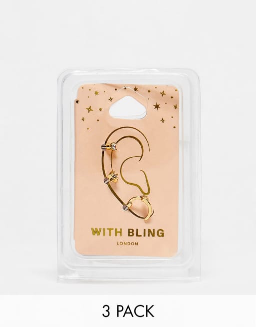Pack de 3 pendientes barbell chapados en oro con diseños de circonita exclusivos de With Bling
