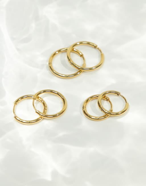Pack de 3 pendientes de aro dorados con cierre de bisagra de acero inoxidable resistente al agua de ASOS DESIGN