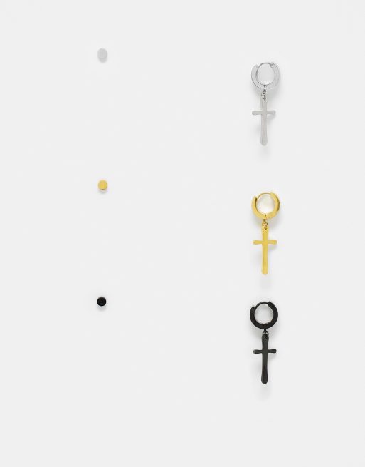 PAck de 3 pendientes de botón y largos en tono negro mate, dorado y plateado con diseño de cruces de acero inoxidable de ASOS DESIGN