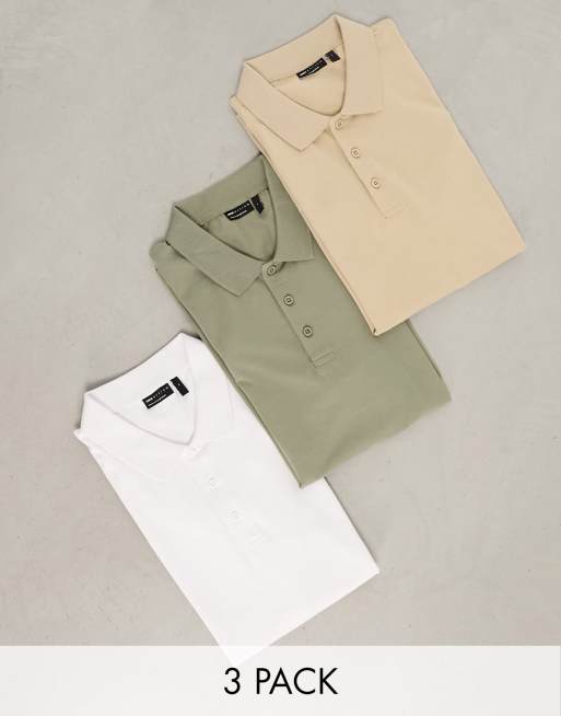 Pack de 3 polos de color caqui, blanco y beis ajustados de ASOS DESIGN