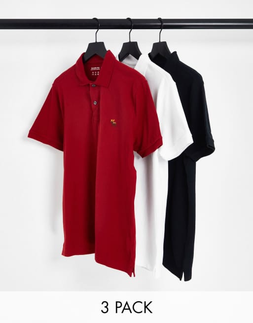 Pack de 3 polos negro, blanco y rojo de corte slim con detalle de logo en 3D de piqué de Abercrombie & Fitch