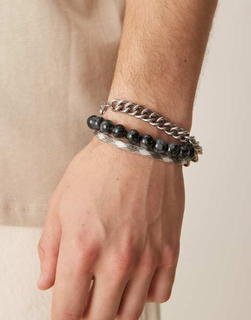 Pack de 3 pulseras de color azul y gris de cadena y cuentas de ASOS DESIGN