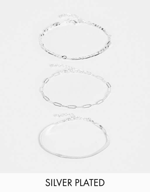 Pack de 3 pulseras finas plateadas con diseño de cadenas variadas chapadas en plata de ASOS DESIGN