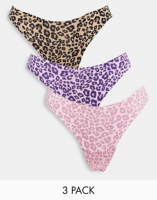 Pack de 3 tangas de color amarillo, morado y rosa con estampado de leopardo de microfibra de Brave Soul