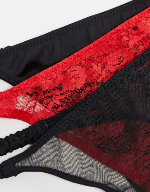 Pack de 3 tangas de color blanco, rojo y negro de encaje, satén y malla de ASOS DESIGN Curve, 2 de 4