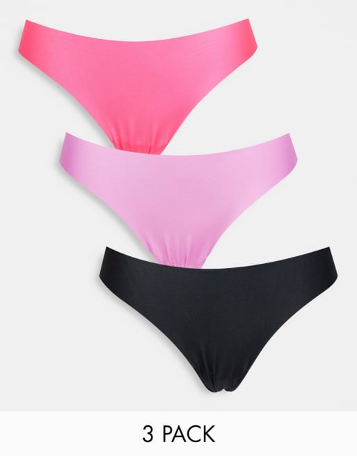 Pack de 3 tangas de color negro, rosa y morado de tejido efecto invisible de ASOS DESIGN