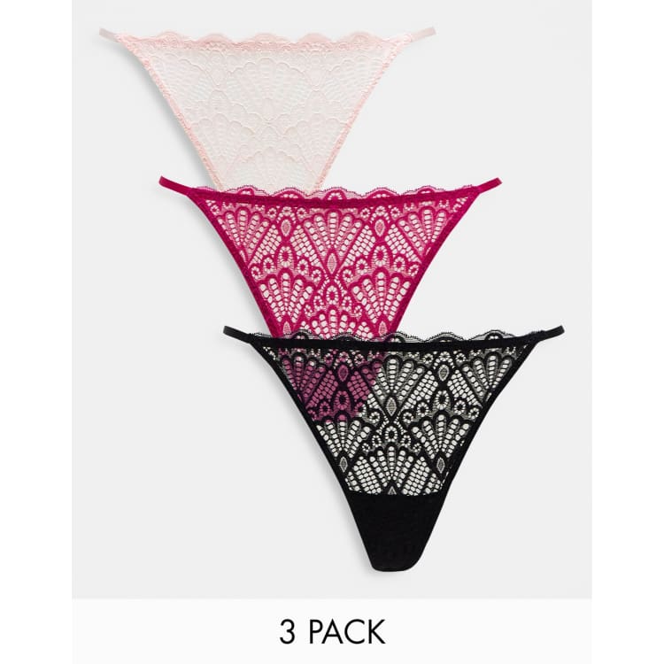 Pack de 3 tangas de hilo de color negro fucsia y rosa de encaje