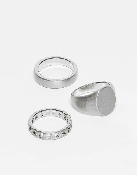 Pack de 3 anillos plateados con diseño tipo sello, de cadena y acabado cepillado de ASOS DESIGN - view 1