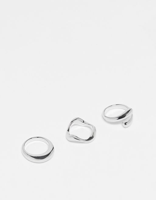 Pack de 3 anillos plateados con diseños combinados minimalistas de ASOS DESIGN