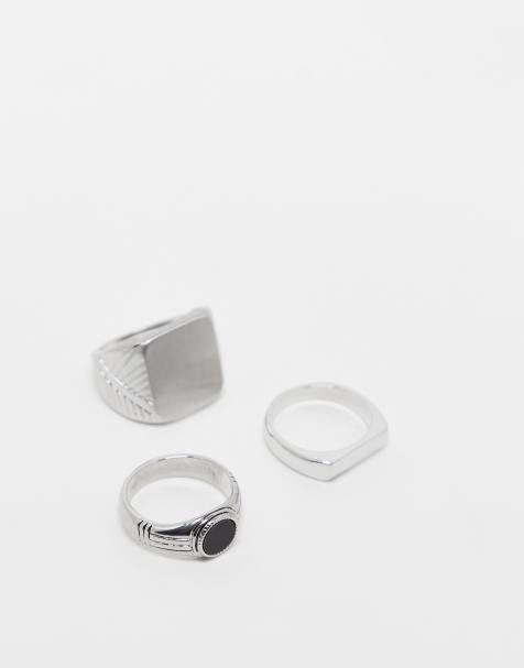 Pack de 3 anillos plateados de banda y tipo sello con piedra negra de ASOS DESIGN - view 1