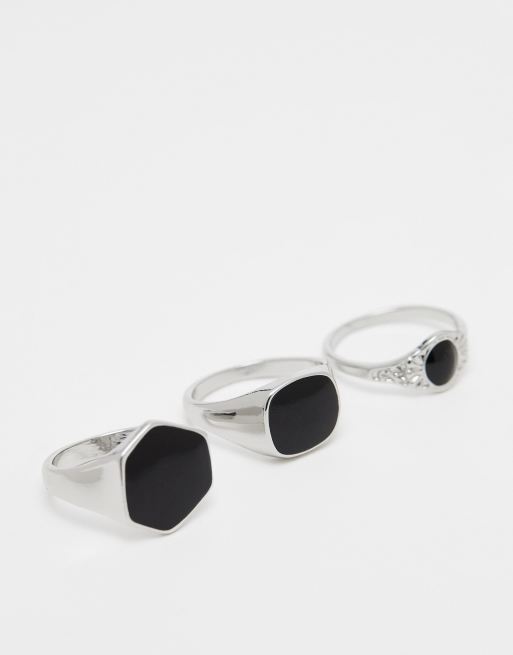 Pack de 3 anillos plateados tipo sello con detalles negros de resina de Faded Future