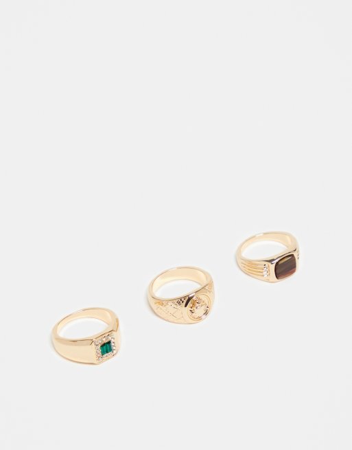 Pack de 3 anillos tipo sello dorados con piedra sintética de ojo de tigre de ASOS DESIGN