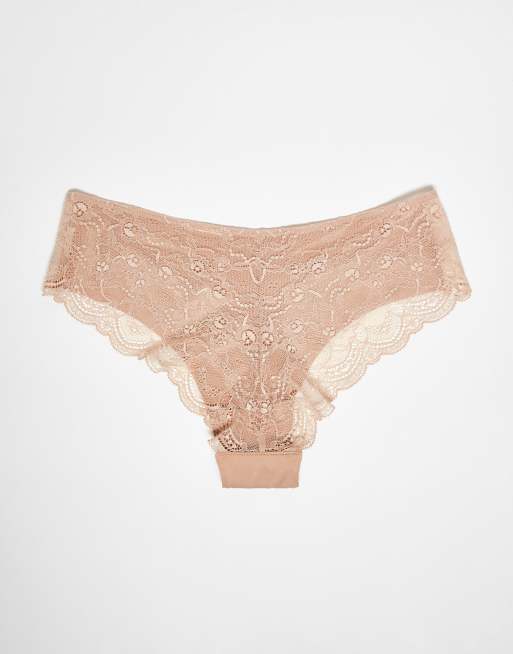 Pack de 3 braguitas brasileñas beis de tejido efecto invisible y encaje de ASOS DESIGN, 2 de 3