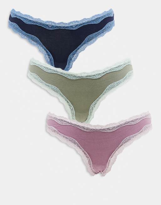 Pack de 3 braguitas brasileñas de color azul, caqui y morado con ribete en contraste de algodón y encaje de ASOS DESIGN
