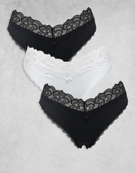Pack de 3 braguitas brasileñas de color blanco y negro de algodón con cinturilla de encaje Minnie de ASOS DESIGN - view 1