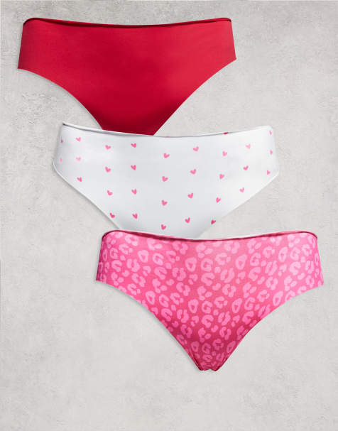 Pack de 3 braguitas brasileñas de color rosa con estampado de leopardo, con estampado de corazones y rojo guinda de tejido efecto invisible y encaje de ASOS DESIGN Curve - view 1