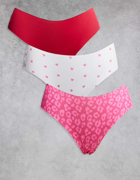 Pack de 3 braguitas brasileñas de color rosa con estampado de leopardo, con estampado de corazones y rojo guinda de tejido efecto invisible y encaje de ASOS DESIGN - view 1
