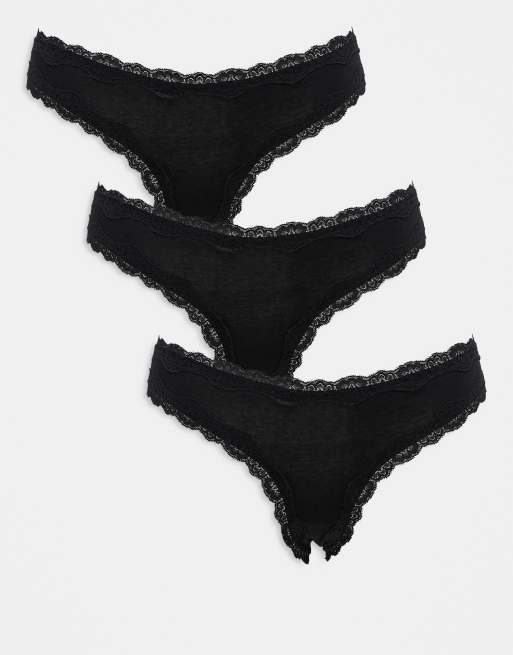 Pack de 3 braguitas brasileñas negras de algodón y encaje de ASOS DESIGN