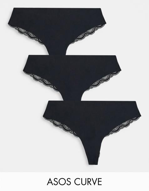 Pack de 3 braguitas brasileñas negras invisibles con ribetes de encaje de ASOS DESIGN Curve - view 1
