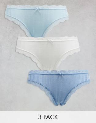 Pack de 3 braguitas de color azul y blanco con diseño de corazones de pointelle con ribete de encaje de ASOS DESIGN
