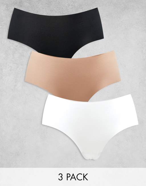 Pack de 3 braguitas hipster de color negro, blanco y beis estilo culotte de tejido efecto invisible de ASOS DESIGN