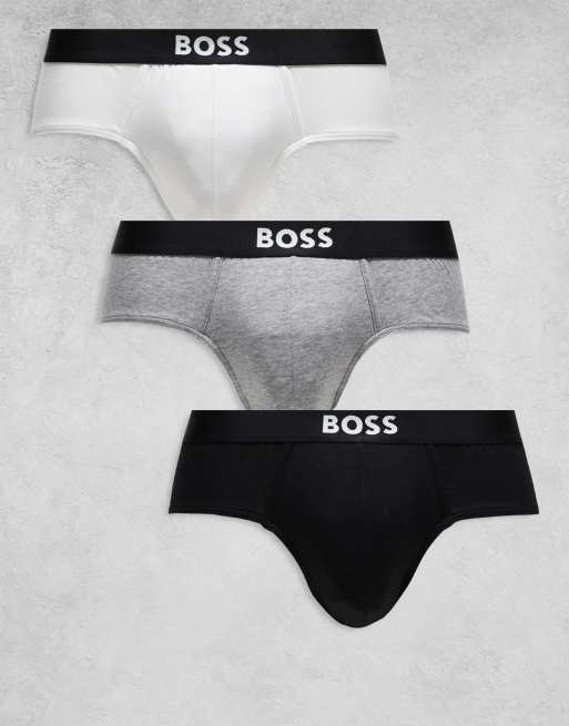 Pack de 3 calzoncillos hipster de color negro, blanco y gris con logo en la parte delantera Icon de BOSS Bodywear