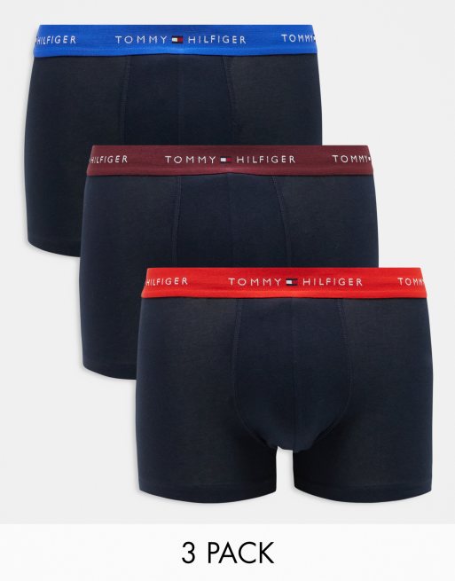 Pack de 3 calzoncillos negros con cinturillas de color burdeos, rojo y azul básicos con logo Signature Essential de Tommy Hilfiger