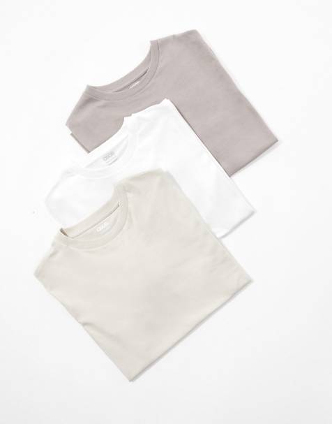 Pack de 3 camisetas de color blanco, piedra y beis básicas con cuello redondo Essentials de ASOS DESIGN - view 1