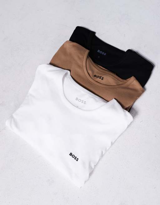 Pack de 3 camisetas de color blanco, tostado y negro de corte estándar y manga larga con logo Classic de BOSS Bodywear