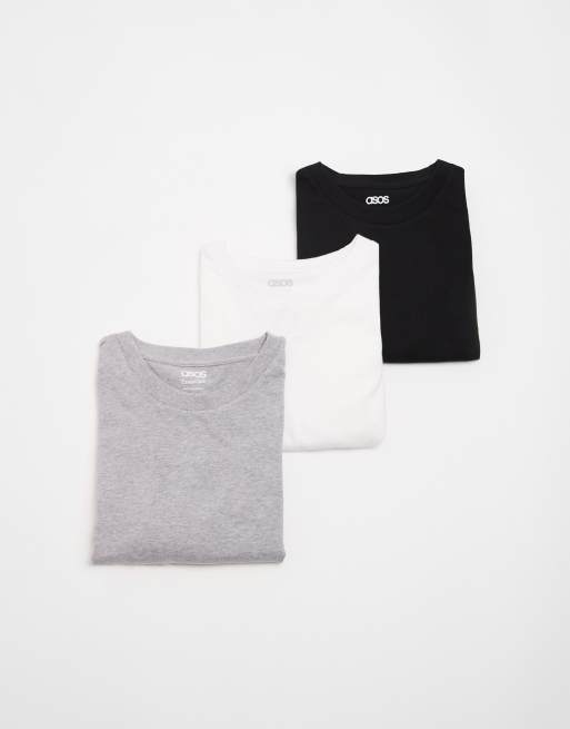 Pack de 3 camisetas de color gris jaspeado, negro y blanco básicas de corte estándar Essentials de ASOS DESIGN